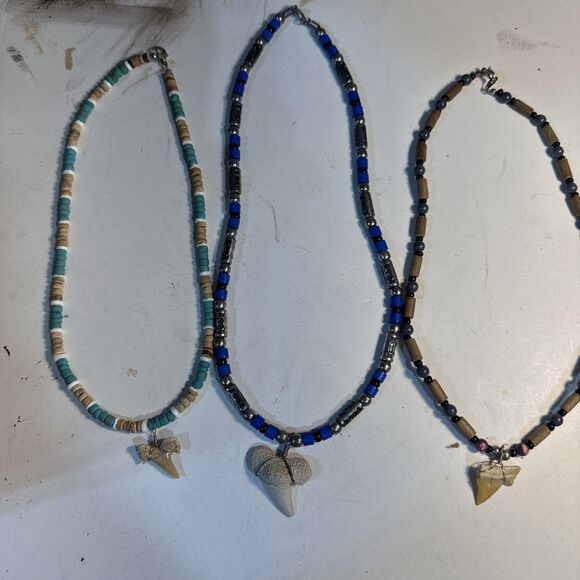 Shark Tooth Pendant Beaded Necklaces Bundle Of Three (3) 1@18” 2@16” Used Fair - Picture 1 of 12